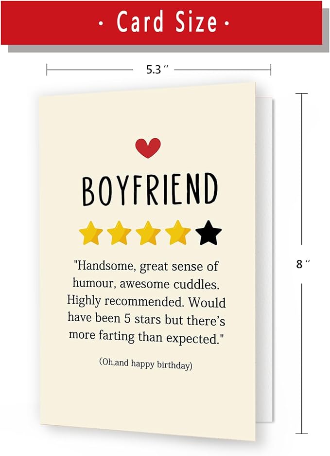 Funny Birthday Card for Boyfriend,Happy Birthday Cards Gifts for Men Him,Humorous 4-Star Review Bday Gift Card for Boyfriend,Romantic Birthday Gifts for Boyfriend from Girlfriend