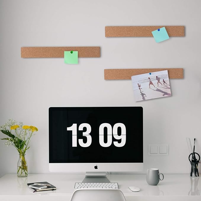 HBlife Cork Board Bulletin Board Bar Strip 15x2 Inch - 1/2 Inch Thick, Frameless Cork Board Strips with 50 Multi-Color Push Pins, Strong Self Adhesive Backing - 4 Pack