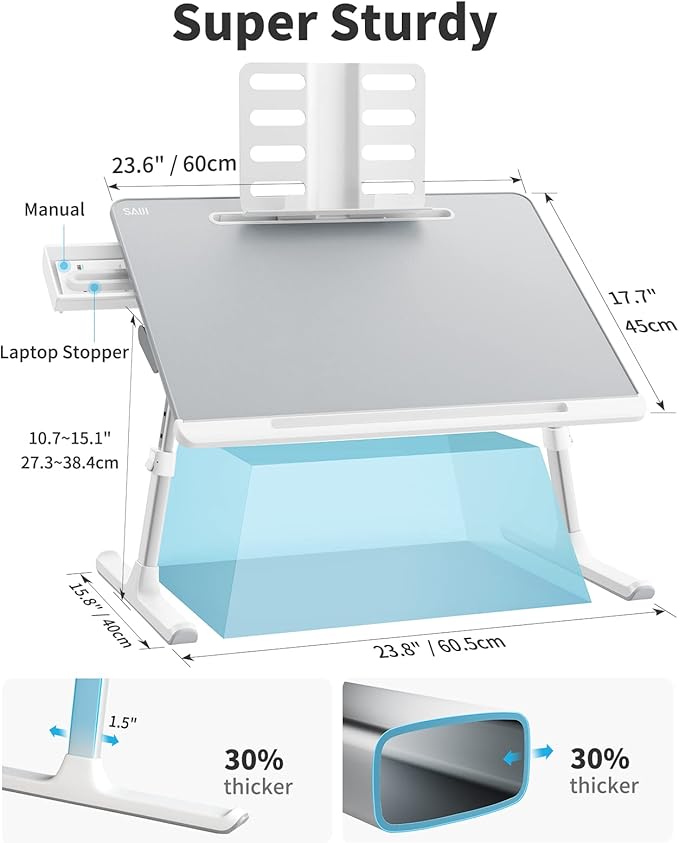 SAIJI Bed Desk for Laptop, XX-Large Leather Adjustable Foldable Laptop Bed Tray Desk, Super Sturdy Laptop Table Lap Desk for Bed, Sofa Couch Floor Maximum Size 17.7"*23.6"(Gray)