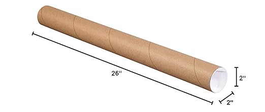 BOX USA BP2026K Mailing Tubes with Caps, 2" x 26", Kraft (Pack of 50)