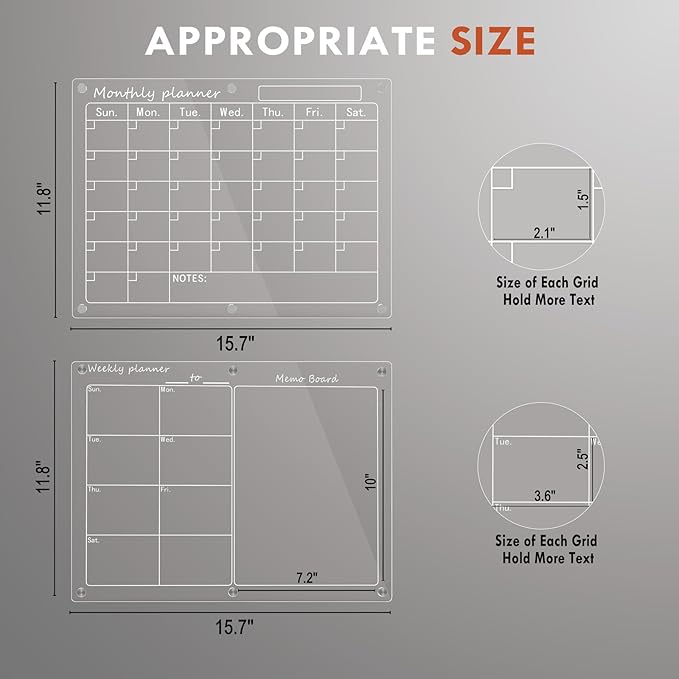 Magnetic Acrylic Calendar for Fridge,2 Pack 12"x16" Clear Fridge Calendar Dry Erase Magnetic Planning Boards Set(Monthly Planner+Blank Memo Board)