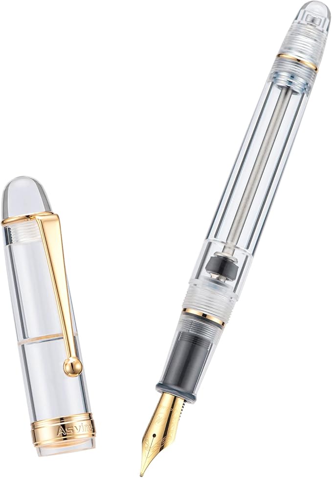 Asvine V126 Vacuum Filling Fountain Gold Plated Fine Point, Clear Demonstrator Pen, Large-Capacity with Gift Case