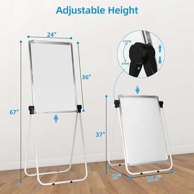 Stand Whiteboard Magnetic, 36” x 24” Double-Sided Flip Chart Easel Portable Dry Erase Board, Height Adjustable & 360° Rotating Whiteboard for Home Office Classroom, White