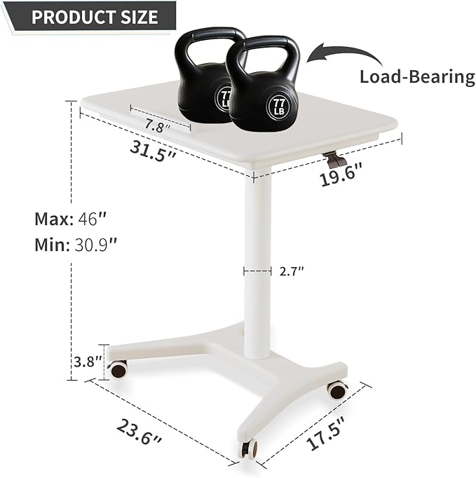 Rolling Standing Desk,Portable Standing Desk with Wheels Adjustable Height Desk Mobile Standing Desk for Home Office, Bedroom,Couch(White)