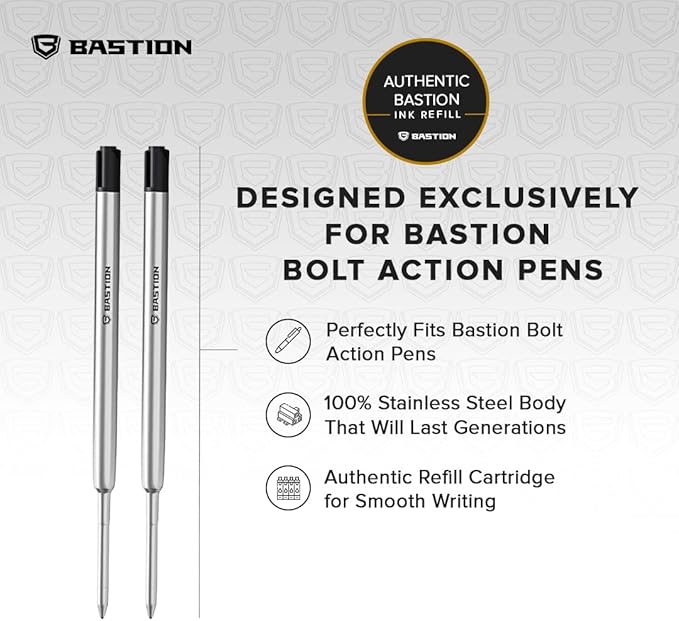 BASTION® Premium Pen Refill, Deeply Pigmented Ink for All Bastion Bolt Action Luxury Pens, Standard Ink Refill with 0.55mm Fine Tip - Black Gel, 2 PCs