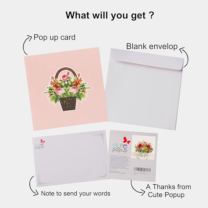 Valentines Day Card, Flower Basket Pop Up Card, Mother's Day Pop Up Card, Birthday Cards for Women, Thinking of You, Greeting Card, Get Well Soon Cards, Wonderful Souvenir, Wife, Grandma