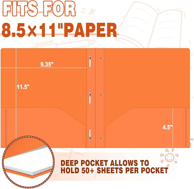 30 Pack Two Pocket Folders Business Card Holder Plastic Folders with Prongs for School Office Filing Cabinet Resume Portfolio (Orange)