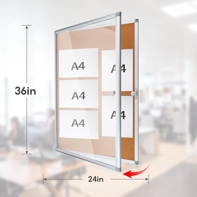 Outdoor Enclosed Cork Bulletin Board Tamper-Proof Dispaly Case, Aluminium Frame, Weatherproof Cork Noticeboard, Enclosed Cork Board for School, Office, Restaurant, Hospital etc(36 * 24inches)