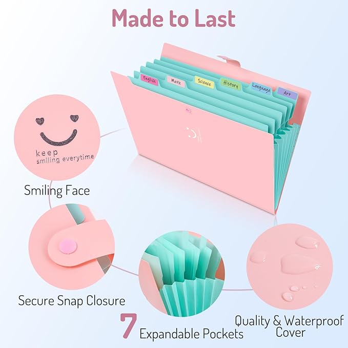 Forvencer Accordion File Organizer, Letter Size, 7 Pocket Expanding File Folder, Cute File Folder with Labels, Portable File Organizer for School Office Supplies, Folders for Documents, Jade