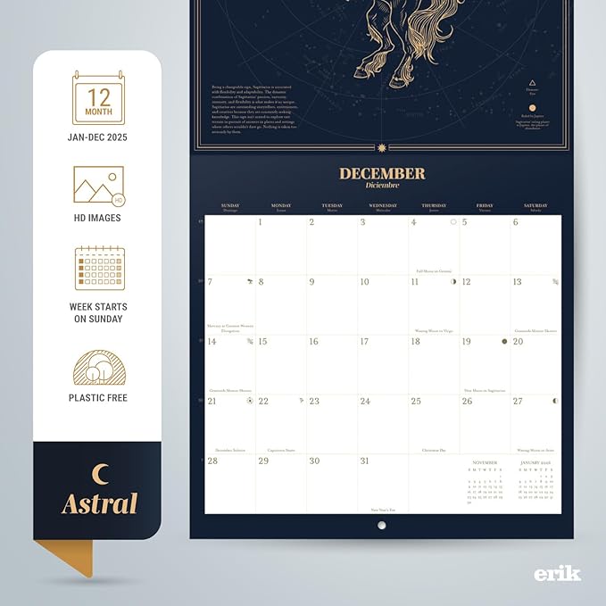 Astral Wall Calendar 2025 12" x 12" FSC® Plastic Free - Starts Week On Sunday | Square Wall Calendar | Family Planner Calendar 2025 | Astrological Calendar 2025