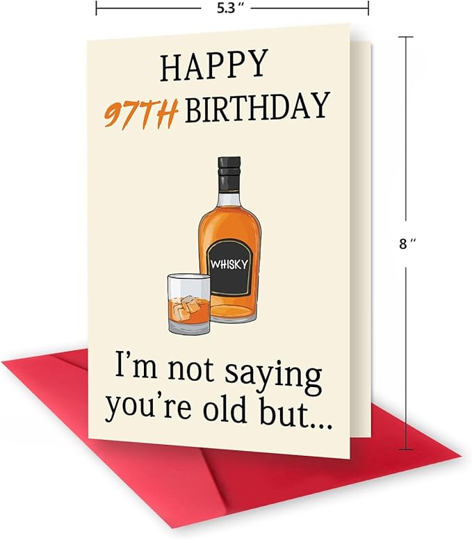 Funny 97th Birthday Card, Best 97th Birthday Gifts for Women Men, Happy 97th Birthday Decorations for Dad Mom Grandpa Grandma, Whiskey 97 Year Old Bday Decor Card