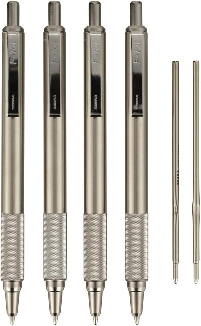 Zebra Pen F-701 Retractable Ballpoint Pen, Stainless Steel Barrel, Fine Point, 0.8mm, Black Ink, 4-Pack with Refills