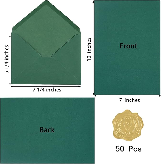 50 Pack Dark Green A7 Envelopes with Cards 5x7 Thick Folded Cardstock and Gold Stickers for Greeting Cards, Wedding, Birthday, Invitations, Baby Showers (Dark Green, 5x7)