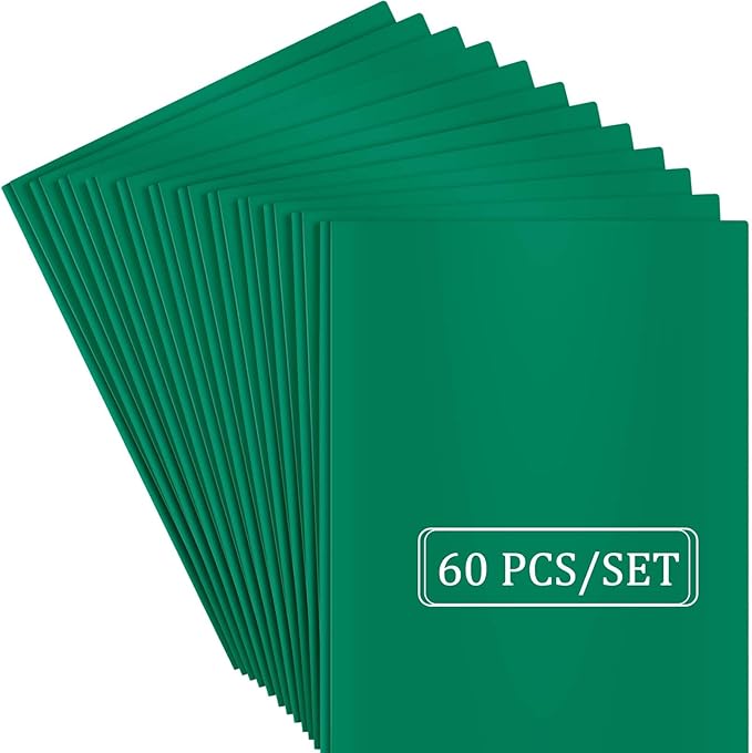 Heavy Duty Plastic Folder, 60 Pack, Pocket Folder with brads, Letter Size Poly File, Plastic Folders with 3 Prongs Fasteners - Green