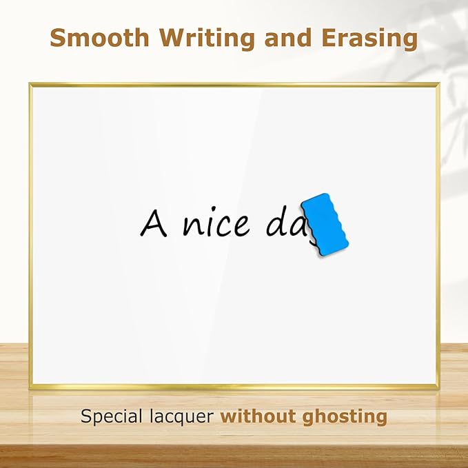 Magnetic Whiteboard, 36"x24" Gold Aluminum Frame Dry Erase White Board for Wall, Large Wipe Board with 6 Magnets, 4 Markers & 1 Eraser for Home and Office