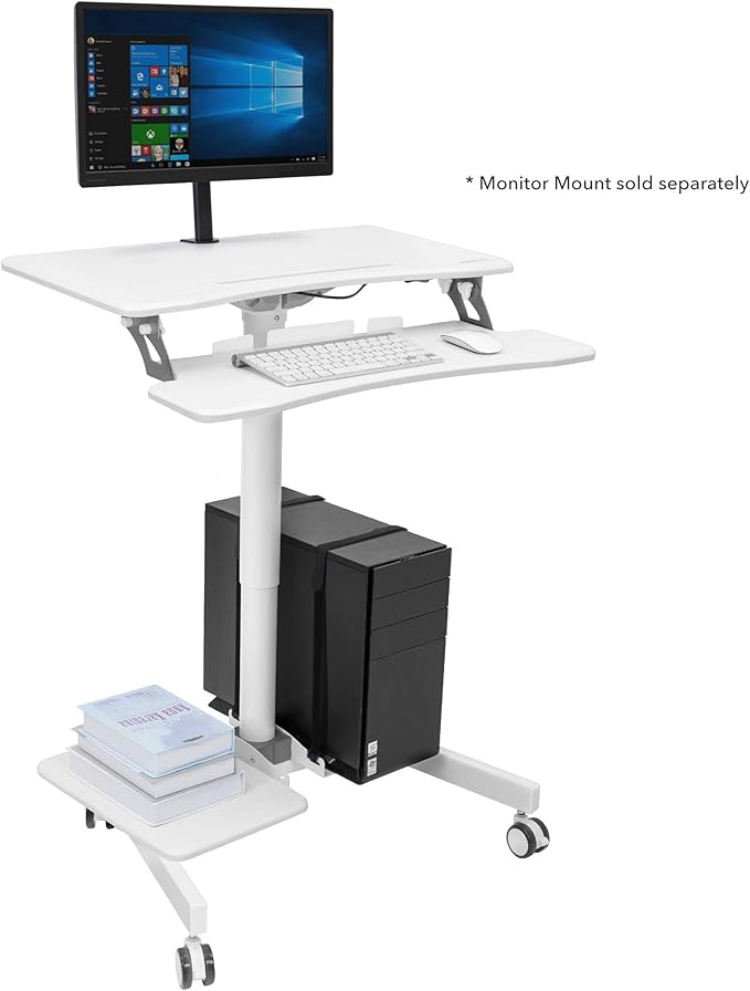 Mount-It! Mobile Rolling Small Table, Height Adjustable up to 43" Computer Desk with Wheels, Medical Nurse Hospital Workstation, Printer CPU Shelves, White Office Portable Computer Cart Keyboard Tray
