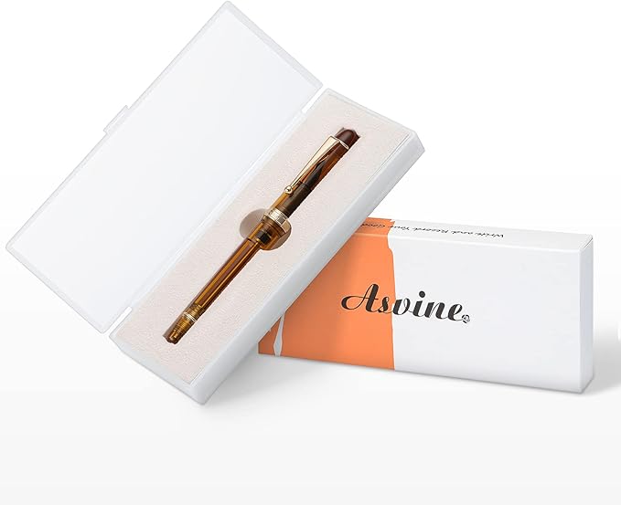 Asvine V126 Vacuum Filling Fountain Pen Medium Nib, Transparent Brown Acrylic, Large-Capacity with Gift Case