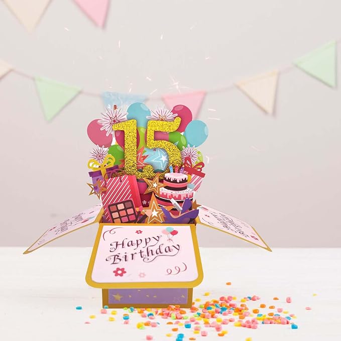 Asmallgf Sweet 15th Birthday Popup Greeting Card, Naughty Fifteen Bday Gift for Teen Girls Boys, Great 3D Greeting Card from Mom Dad