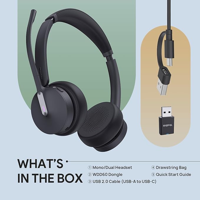Yealink WH64 Hybrid with DECT Dongle, 492ft Range, 32 Talk Time Bluetooth Headset for Teams, Zoom Skype UC, 3X Mic Noise Cancelling, Headset PC Phone