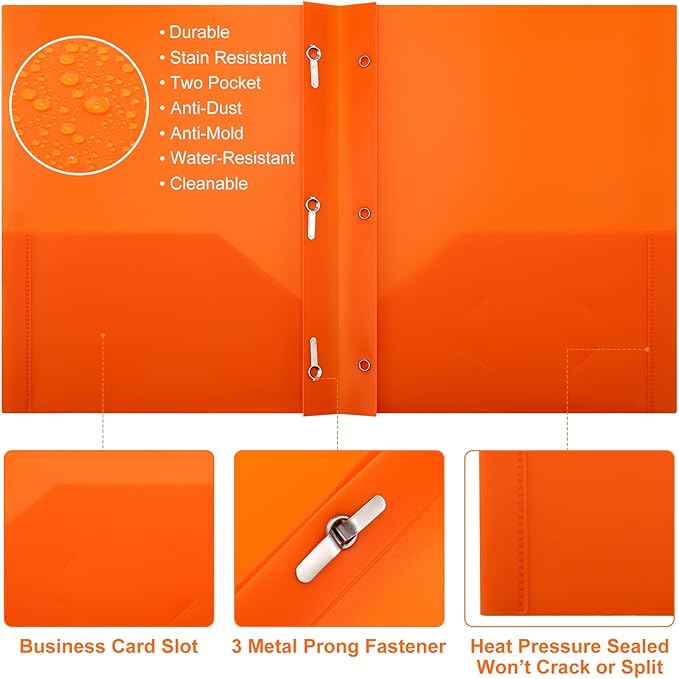 Cholemy 36 Pcs Plastic Pocket Folders with Prong 2 Heavy Duty Pockets Folders with 3 Prongs Letter Size Paper Folders Bulk File Plastic Folders with Fasteners for Office Workers (Orange)