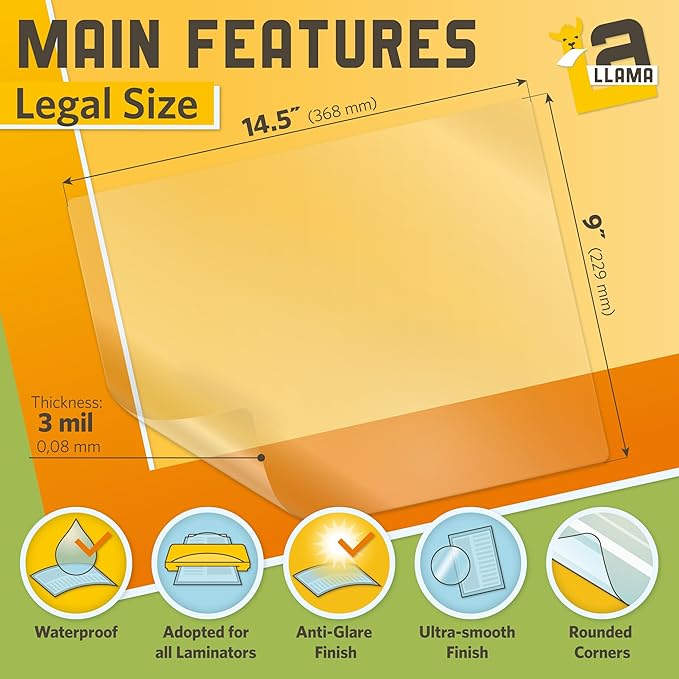 Matte Laminating Sheets 9β x 14.5β, 3 Mil Thick, 50 Pack, Legal Size Matte Thermal Laminating Pouches 8.5 x 14