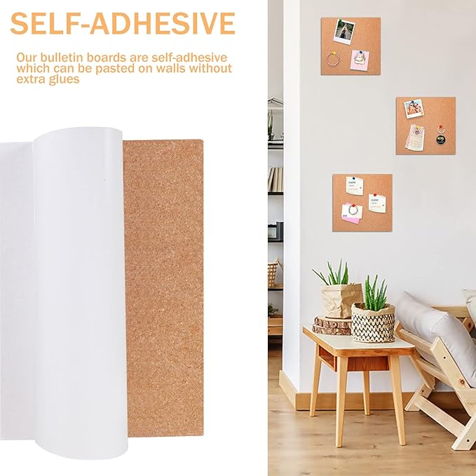 FEBSNOW Cork Board, 3 Pack Strong Self-Adhesive Cork Board Tiles Square 7.9 * 7.9inch Cork Boards for Walls Bulletin Board with 50 Multi-Color Push Pins