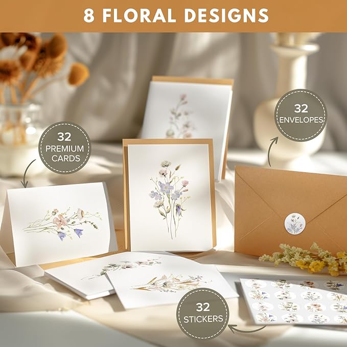 Blank Cards, 32 Pack Blank Greet Cards, Beautiful Blank Note Cards, Perfect Stationary Set For All Occasions, 8 Assorted Floral Designs, 4" x 6"