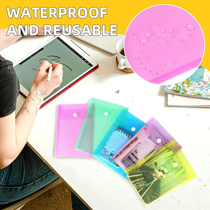 Vmiapxo 40 Pack Multi-Color Stamp and Die Storage Pockets, Reusable Rainbow Small Plastic Envelopes Waterproof Sticker Organizer Receipt Holder Photo Storage Folders (5" x 7")