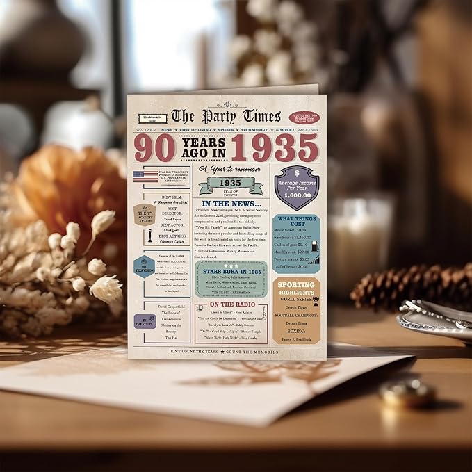 90th Birthday Card for Men Women, Retro Birthday Gifts for 90 Year Old Man Woman, 90th Birthday Decorations for Grandpa Grandma