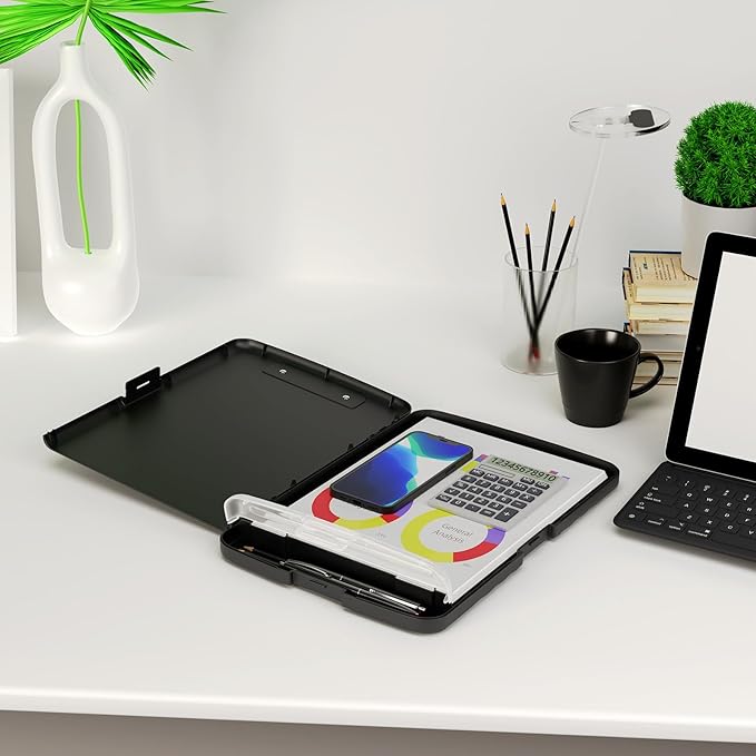 Piasoenc Clipboard with Storage, 8.5 x 11 Organization Box with Pen Holder and A4 Legal Paper Folder, Heavy Duty Plastic, Folio & Side-Opening, Low Profile Clip for Nurses, Teachers, Lawers, Black