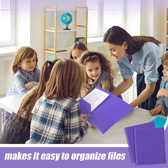 Gueevin 50 Pcs Plastic Folders with Pockets, Two Pocket Folder Fit Letter Size, Heavy Duty School Business Card Holder for Home Office School Bussiness, 11.61 x 9.45 Inches (Purple)