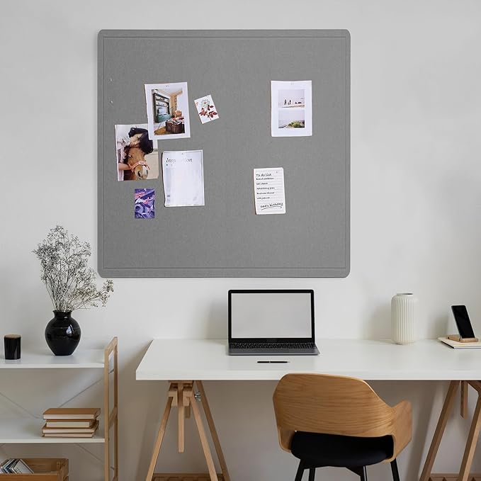 Large Bulletin Board - 48 x 48 Inches, Decorative Felt Pin Board for Wall - 4' x 4' Foldable Photo Display Board with Self-Adhesive Tape, Includes 20 Push Pins - Gray