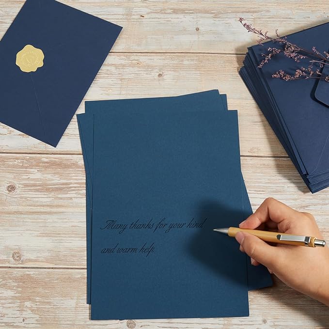 50 Pack Navy Blue A6 Envelopes with Cards 4x6 Thick Folded Cardstock and Gold Stickers for Greeting Cards, Wedding, Birthday, Invitations, Baby Showers (Navy Blue, 4x6)