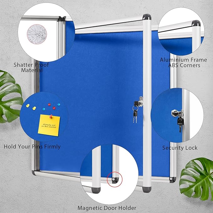 Swansea Blue Fabric Lockable Noticeboard Enclosed Pin Bulletin Board Glass Display Case for Wall Office School 6xA4