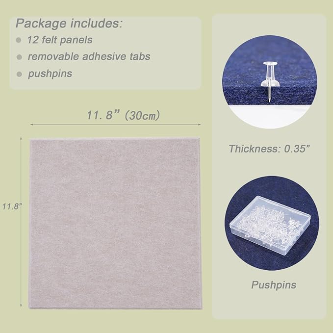 LAJAR Large Felt Wall Tiles, 12 Pack Cork Board Alternative with Removable Adhesive Tabs, Bulletin Pin Boards for Office, School and Home (Light Camel)