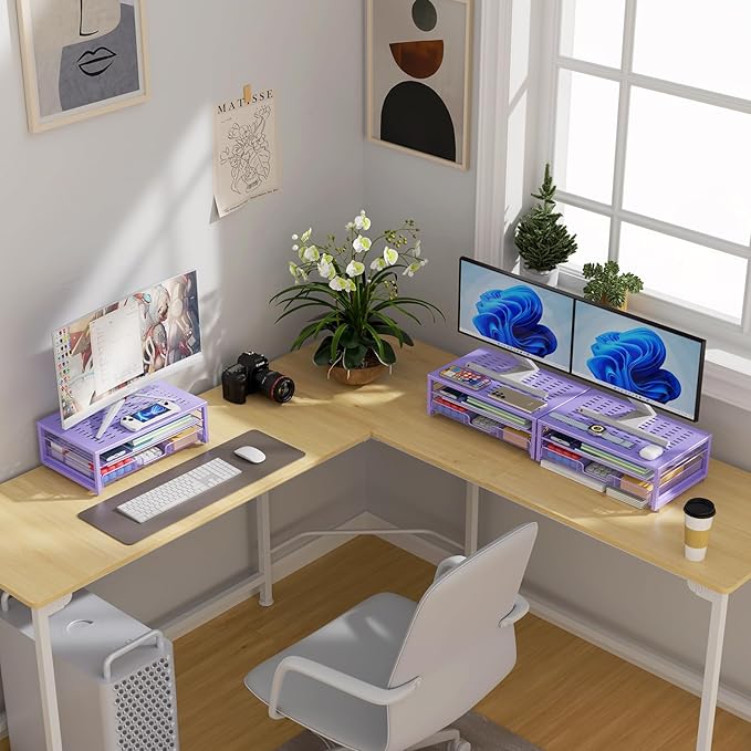 gianotter Computer Monitor Stand Riser, office organizer with Drawer, Office Organizers Storage for Classroom Office Supplies (Purple)