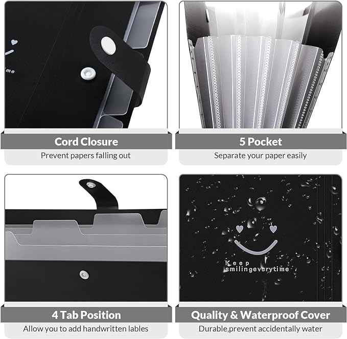 SKYDUE File Folder with 8 Labels, 5 Pockets Accordion Paper Organizer for School and Office,A4 Letter Size,Black