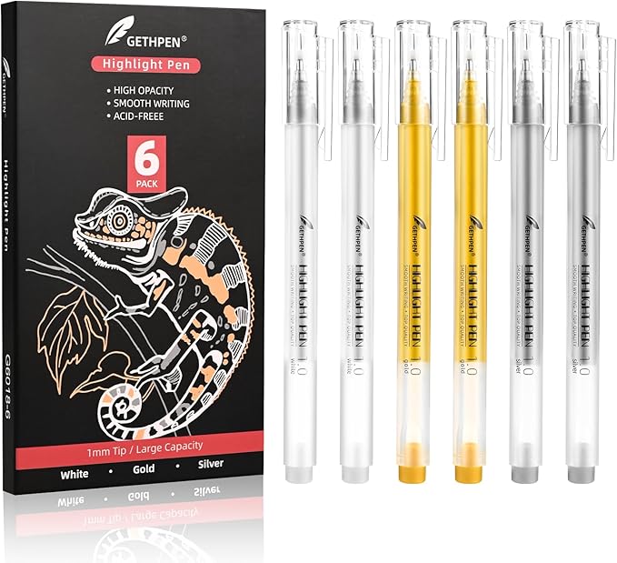 6 Colors Gel Pen Set - Gold, Silver & White Gel Ink Pens for Artists