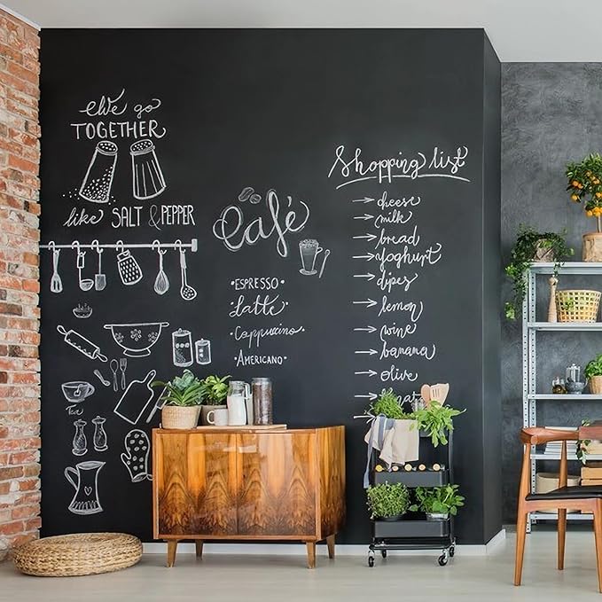 Chalkboard Wallpaper Stick and Peel: DIY Your Own Unique First Day of School Board Classroom Chalk Board Paint Self Adhesive Wall Paper with 8 Colorful Chalks (Black,17.5" x 118.1")