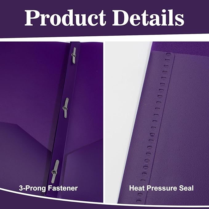 60-Pack Plastic Folders with Pockets and Prongs,2-Pocket Folders with 3 Fasteners, Poly Folders Holds 8-1/2" x 11" Paper for School/Office/Home, Purple