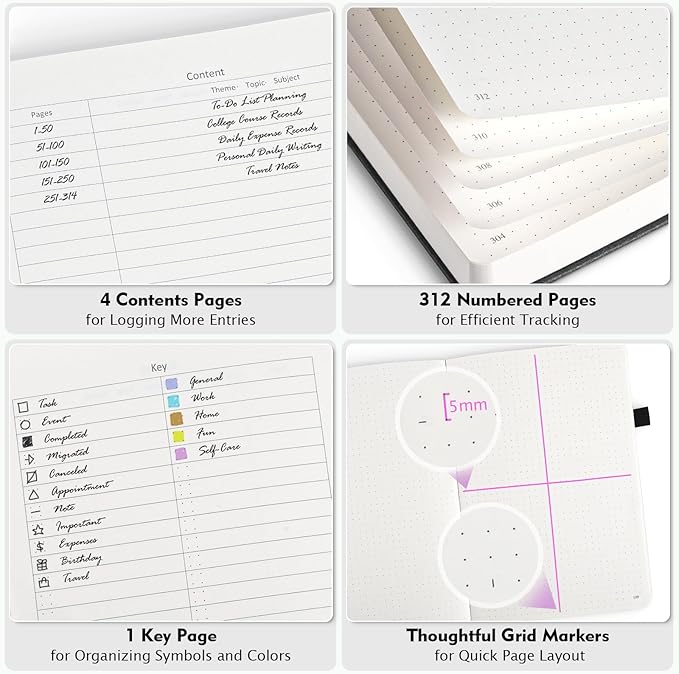 Bullet Dotted Journal Notebook, 312 Numbered Pages A5 Hardcover Leather Journal, 100gsm No Bleed Paper Dot Grid Notebook with Index Pages, Dot Journal for Women Men, 5.75" x 8.38", Burgundy
