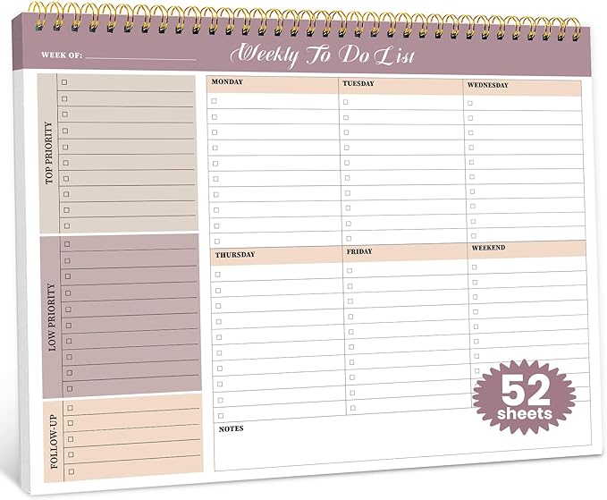 Weekly To Do List Notepad with 52 Undated Sheets(8.5"×11")- Undated Weekly Planner Notepad for Office Desk Accessories and Supplies - Midnight Lilac