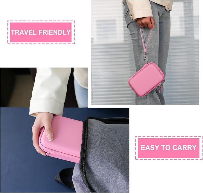 Hard Travel Case for Cabaro Mini Printer Sticker Thermal Printer, Bluetooth Portable Phone Printer Storage Holder Protection Case with Zipper Mesh Pocket fit Rolls Paper, Charging Cable, Pink