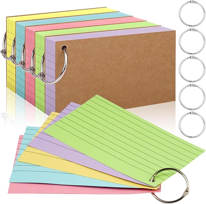 350 Pcs Index Cards With Ring, 3x5 Inches Flash Cards With Rings,Colored Heavy Notecards With Ring, Punched Lined Study Cards For School, College, Home, Office, Memory, To Do List (5 Colors)