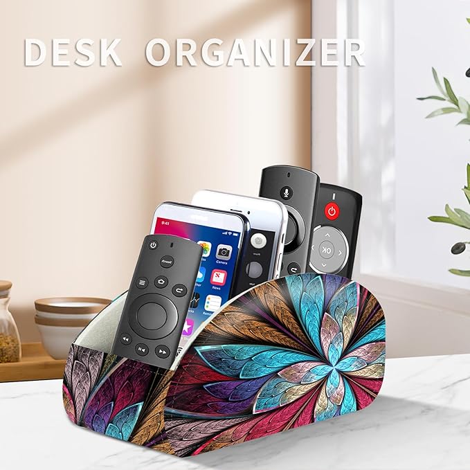 YAPISHI Remote Control Holder, 5 Compartments TV Remote Holder Caddy for Table, Nightstand Organizer for Remotes/Media Controllers/Office Supply, Bedside Decorations for Living Room, PU Leather
