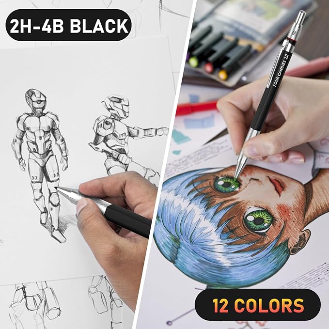 Four Candies 3PCS 2MM Mechanical Pencils with case, Artist Lead Pencil Metal Lead Holder with 120 Graphite Lead Refills(HB 2H 2B 4B Color), 4 Erasers, Sharpener, Drafting Pencil for Drawing, Sketching