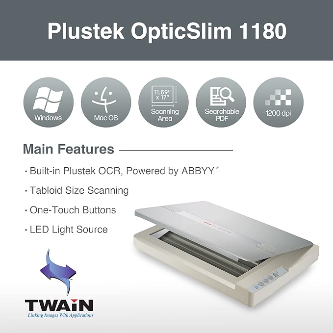 plustek Large Format Flatbed Scanner OS 1180 - A3 / Tabloid/Legal Size scan, Up to 1200 DPI scan Resolution for Blueprints and Document. Design for Library, School and Soho, Support Mac and PC