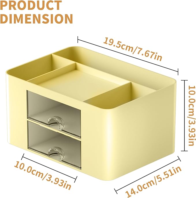 Marbrasse Pen Organizer with 2 Drawer, Multi-Functional Pencil Holder for Desk, Desk Organizers and Accessories with 5 Compartments + Drawer for Office Art Supplies (Yellow)