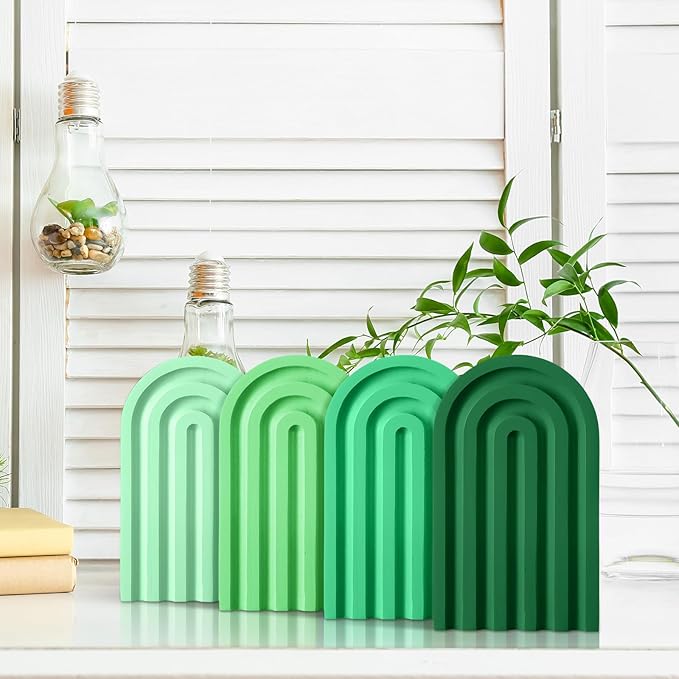 Harloon 4 Pieces Boho Arch Wood Bookends Rainbow Arch Back to School Gift Ideas Non Skid Bookend Decorative Wooden Book Stand Book Stoppers for Books Movies CDs (Green Color)