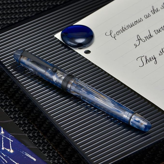 Asvine V126 Vacuum Filling Fountain Pen Extra Fine Nib, Blue Swirl Acrylic, Large-Capacity with Gift Case